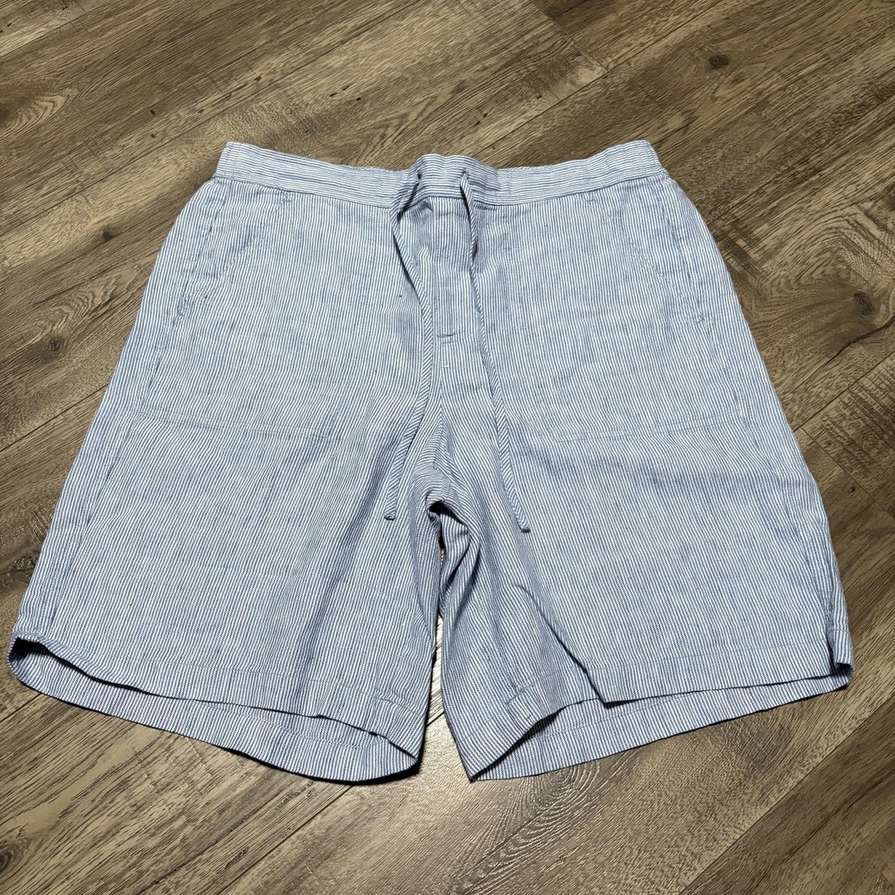 Orvis Shorts Womens M Blue Linen Stripe Drawstring Elastic Waist Bermuda